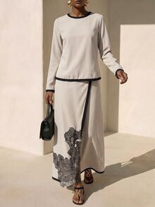 Zivah Women's Striped Colorblock Long Sleeve Top And Lace Patchwork Front Slit Skirt Set - Apricot - View 5