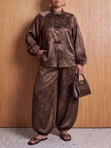 Zivah 新款秋冬大尺碼女款棕色中式上衣+燈籠褲 2件組,度假優雅度假風,適合假日、派對、節慶、波希米亞風、演唱會、辦公通勤 - 棕色 - 查看 10