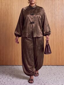 Zivah 新款秋冬大尺碼女款棕色中式上衣+燈籠褲 2件組,度假優雅度假風,適合假日、派對、節慶、波希米亞風、演唱會、辦公通勤 - 棕色 - 查看 8