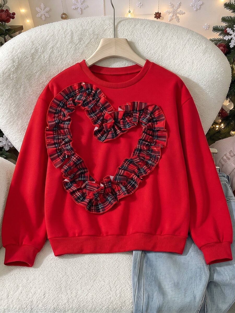 Red Crew Neck Sweatshirt With Plaid Ruffle Heart Design, Strong Layered Effect. Loose Fit Dropped Shoulder Long Sleeve In Solid Red, Unique Eye-Catching Design, Full Of Girly Charm, Suitable For Daily Wear And Holiday Outings, Easily Create A Personalized Sweet And Cool Look. - Multicolor - View 1