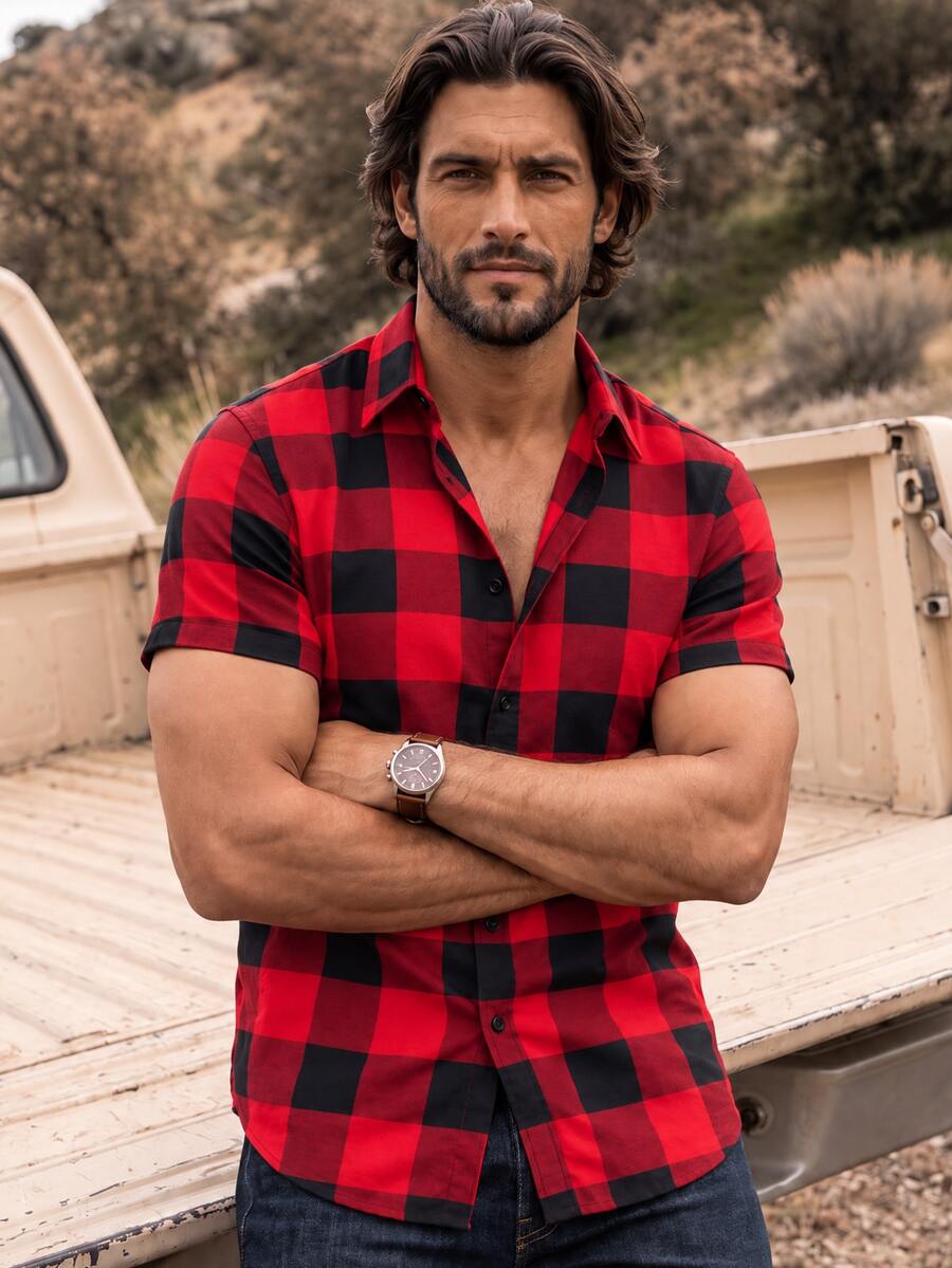 DREXORIN Men's Plaid Print Short Sleeve Shirt (Asymmetrical Cut) - Multicolor - View 1