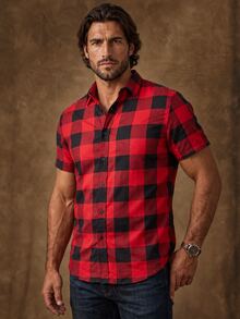 DREXORIN Men's Plaid Print Short Sleeve Shirt (Asymmetrical Cut) - Multicolor - View 3