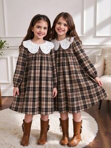 SHEIN Big Girls Peter Pan Collar Plaid Long Sleeve Dress, Vintage Fall A-Line Midi Casual Dress For Kids - Brown - View 6
