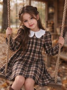 SHEIN Big Girls Peter Pan Collar Plaid Long Sleeve Dress, Vintage Fall A-Line Midi Casual Dress For Kids - Brown - View 5