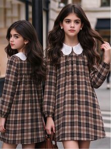 SHEIN Big Girls Peter Pan Collar Plaid Long Sleeve Dress, Vintage Fall A-Line Midi Casual Dress For Kids - Brown - View 1