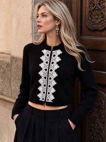valorelle valorelle Women's Elegant Lace Patchwork Long Sleeve Knit Cardigan - Black - View 2