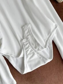 Comfortcana Plus Size Fall/ Basic Neck Long Sleeve Fitted Elastic Bodysuit Lounge Homewear All White Sexy Elegant - White - View 3