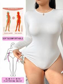 Comfortcana Plus Size Fall/ Basic Neck Long Sleeve Fitted Elastic Bodysuit Lounge Homewear All White Sexy Elegant - White - View 6
