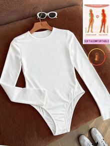 Comfortcana Plus Size Fall/ Basic Neck Long Sleeve Fitted Elastic Bodysuit Lounge Homewear All White Sexy Elegant - White - View 1
