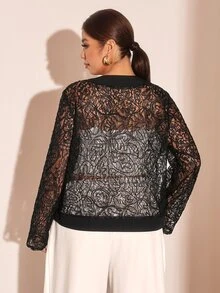 Cravure Plus Size Black Sheer Mesh Short Jacket - Black - View 3