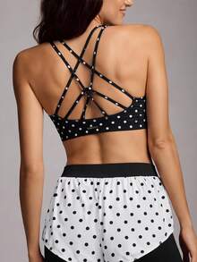 VARSIVA Women's Black & White Color-Block Polka-Dot Print V-Neck Strappy-Back Cropped Sports Bra – Suitable For Yoga And Pilates - Black and White - View 3
