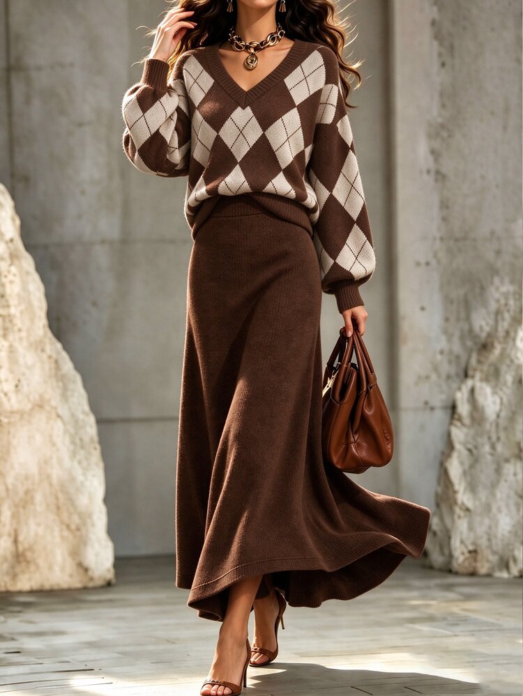 LUMIGAL Women's Diamond Grid Long Sleeve Top And Skirt Knit 2 Pieces Set - Brown - View 4