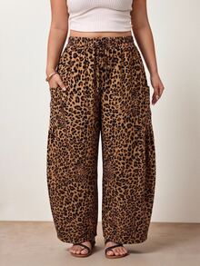 Enliva Plus Size Leopard Print Drawstring High Waist Wide Leg Pants Fall Apple, Rounded Body - Multicolor - View 5