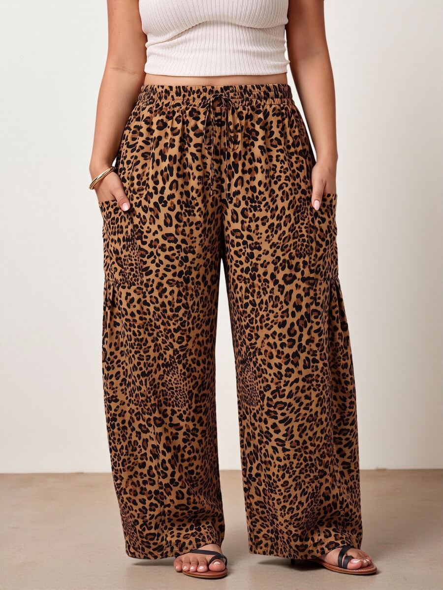 Enliva Plus Size Leopard Print Drawstring High Waist Wide Leg Pants Fall Apple, Rounded Body - Multicolor - View 1