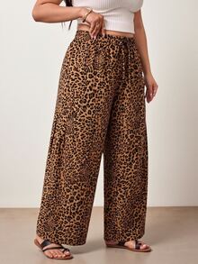 Enliva Plus Size Leopard Print Drawstring High Waist Wide Leg Pants Fall Apple, Rounded Body - Multicolor - View 4