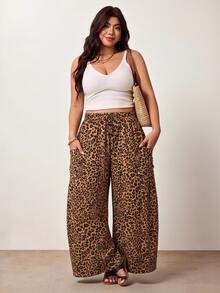 Enliva Plus Size Leopard Print Drawstring High Waist Wide Leg Pants Fall Apple, Rounded Body - Multicolor - View 7