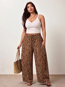 Enliva Plus Size Leopard Print Drawstring High Waist Wide Leg Pants Fall Apple, Rounded Body - Multicolor - View 6