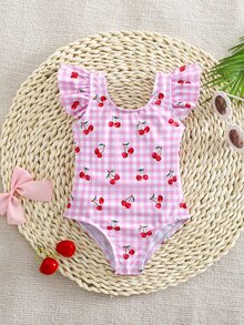 SHEIN Baby Girls Cherry And Striped Print Zipper Long Sleeve One-Piece Swimsuit Swimsuits Swim Suits Suit For Summer Holiday - Pink - View 3
