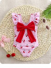 SHEIN Baby Girls Cherry And Striped Print Zipper Long Sleeve One-Piece Swimsuit Swimsuits Swim Suits Suit For Summer Holiday - Pink - View 1