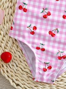 SHEIN Baby Girls Cherry And Striped Print Zipper Long Sleeve One-Piece Swimsuit Swimsuits Swim Suits Suit For Summer Holiday - Pink - View 6