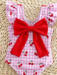 SHEIN Baby Girls Cherry And Striped Print Zipper Long Sleeve One-Piece Swimsuit Swimsuits Swim Suits Suit For Summer Holiday - Pink - View 2