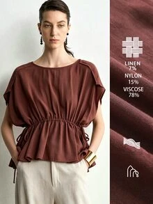 Aalyst Women's Fashion Solid Color Casual Versatile Work Brunch Vacation Essential INS Style Tie-Up Linen Shirt Dark Red Summer - Brown - View 2