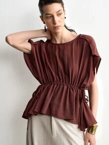 Aalyst Women's Fashion Solid Color Casual Versatile Work Brunch Vacation Essential INS Style Tie-Up Linen Shirt Dark Red Summer - Brown - View 4