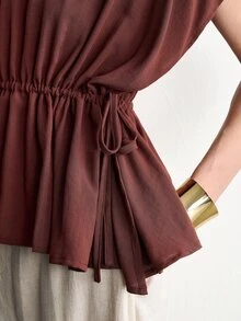 Aalyst Women's Fashion Solid Color Casual Versatile Work Brunch Vacation Essential INS Style Tie-Up Linen Shirt Dark Red Summer - Brown - View 9
