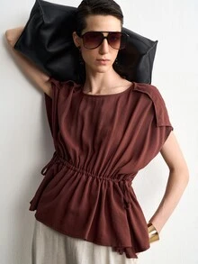Aalyst Women's Fashion Solid Color Casual Versatile Work Brunch Vacation Essential INS Style Tie-Up Linen Shirt Dark Red Summer - Brown - View 8