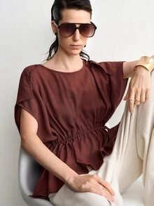 Aalyst Women's Fashion Solid Color Casual Versatile Work Brunch Vacation Essential INS Style Tie-Up Linen Shirt Dark Red Summer - Brown - View 6