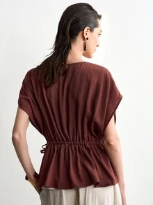 Aalyst Women's Fashion Solid Color Casual Versatile Work Brunch Vacation Essential INS Style Tie-Up Linen Shirt Dark Red Summer - Brown - View 3