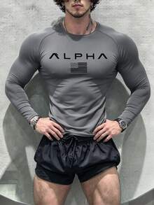 Coreblaze Boyfriend Style Men's Letter & National Pattern Sports T-Shirt , Gym Long Sleeve Tops, Men Workout Top Fall Breathable Compression Shirt Lightweight - Grey - View 3