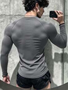 Coreblaze Boyfriend Style Men's Letter & National Pattern Sports T-Shirt , Gym Long Sleeve Tops, Men Workout Top Fall Breathable Compression Shirt Lightweight - Grey - View 2
