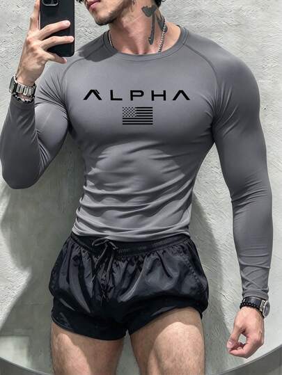 Coreblaze Boyfriend Style Men's Letter & National Pattern Sports T-Shirt , Gym Long Sleeve Tops, Men Workout Top Fall Breathable Compression Shirt Lightweight