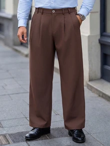 Manfinity Mode Plus Size Men's Brown Suit Pants, Casual Formal Versatile Straight-Leg Trousers For Ceremony - Coffee Brown - View 3