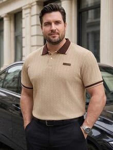 Manfinity Mode قميص بولو رجالي مقاس كبير بتصميم بسيط بلون موحد - كاكي - مشاهدة 4