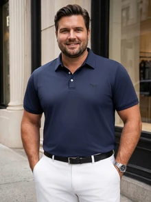 Manfinity Mode Men's Plus Size Solid Color Quarter Button Short Sleeve Polo Shirt, Summer Casual, Formal - Navy Blue - View 3
