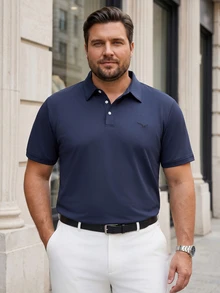 Manfinity Mode Men's Plus Size Solid Color Quarter Button Short Sleeve Polo Shirt, Summer Casual, Formal - Navy Blue - View 4
