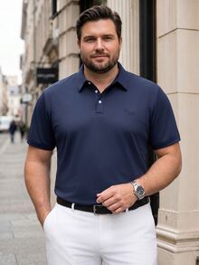 Manfinity Mode Men's Plus Size Solid Color Quarter Button Short Sleeve Polo Shirt, Summer Casual, Formal - Navy Blue - View 1