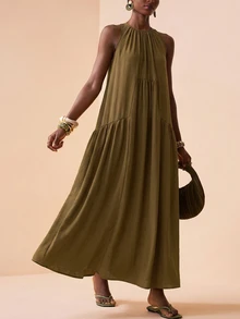 Zivah 2026 Summer New Arrival Bohemian Style Casual Modest Elegant Olive Green Sleeveless Loose Maxi Dress Vacation - Mustard Yellow - View 7