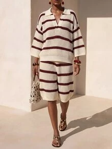 Zivah Women's Cream Long Sleeve Top And Shorts Knit Two Pieces Set Vacation Fall Elegant Tropical Ocean Theme - Red and White - View 7