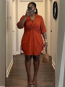 Zivah Plus Size Women's Solid Color Pleated Casual Elegant Baggy Party Brunch Morning Vacation Formal Dress Fall Brown - Brown - View 7
