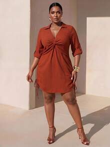 Zivah Plus Size Women's Solid Color Pleated Casual Elegant Baggy Party Brunch Morning Vacation Formal Dress Fall Brown - Brown - View 2