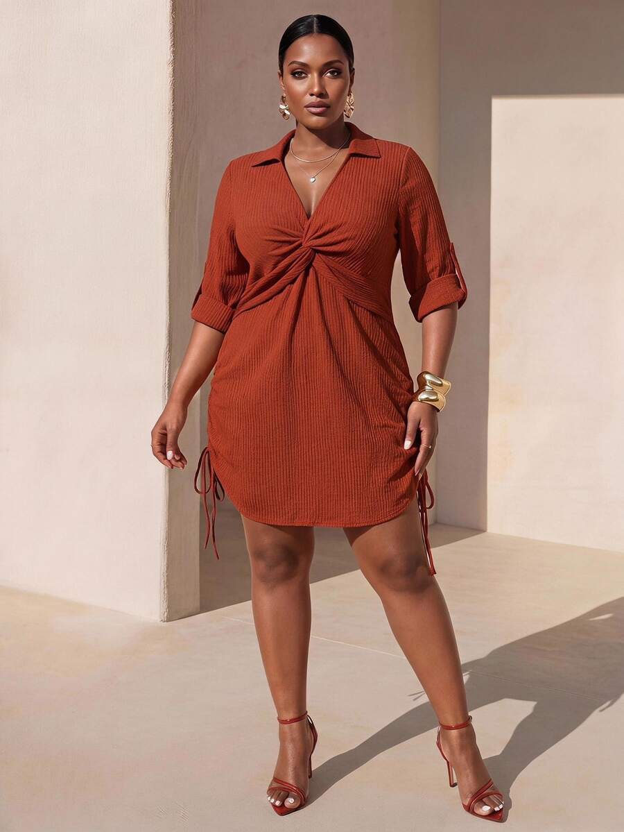 Zivah Plus Size Women's Solid Color Pleated Casual Elegant Baggy Party Brunch Morning Vacation Formal Dress Fall Brown