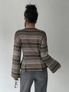 Aloruh 女款優雅休閒長袖針織上衣，復古彩色條紋設計，適合上班與休閒，辦公室秋冬T恤，Y2K外出上衣 - 彩色 - 查看 3