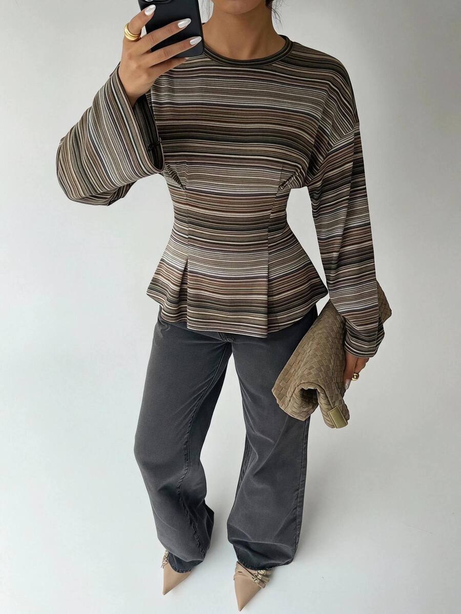 Aloruh 女款優雅休閒長袖針織上衣，復古彩色條紋設計，適合上班與休閒，辦公室秋冬T恤，Y2K外出上衣