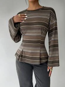 Aloruh 女款優雅休閒長袖針織上衣，復古彩色條紋設計，適合上班與休閒，辦公室秋冬T恤，Y2K外出上衣 - 彩色 - 查看 4