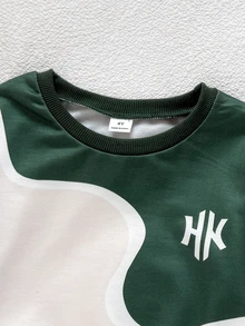 SHEIN 小男孩字母圖案拼接休閒日常長袖運動衫 - 綠色 - 查看 4