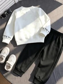 Genkimix Kids 2pcs/Set Boys Academy Style Sports Outfit, Letter Print Crew Neck Sweatshirt + Long Pants, Spring/Autumn School & Casual Wear - Black and White - View 3