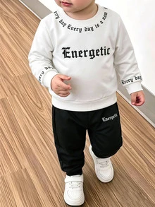 Genkimix Kids 2pcs/Set Boys Academy Style Sports Outfit, Letter Print Crew Neck Sweatshirt + Long Pants, Spring/Autumn School & Casual Wear - Black and White - View 2